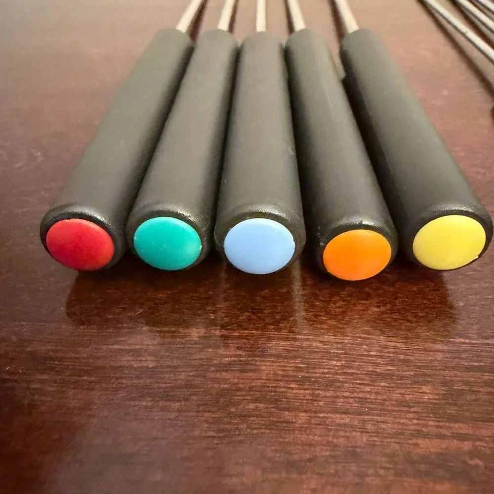 Vtg Fondue Skewers & Forks Mixed Lot Of 18 Stainless Plastic Handle Color Tip